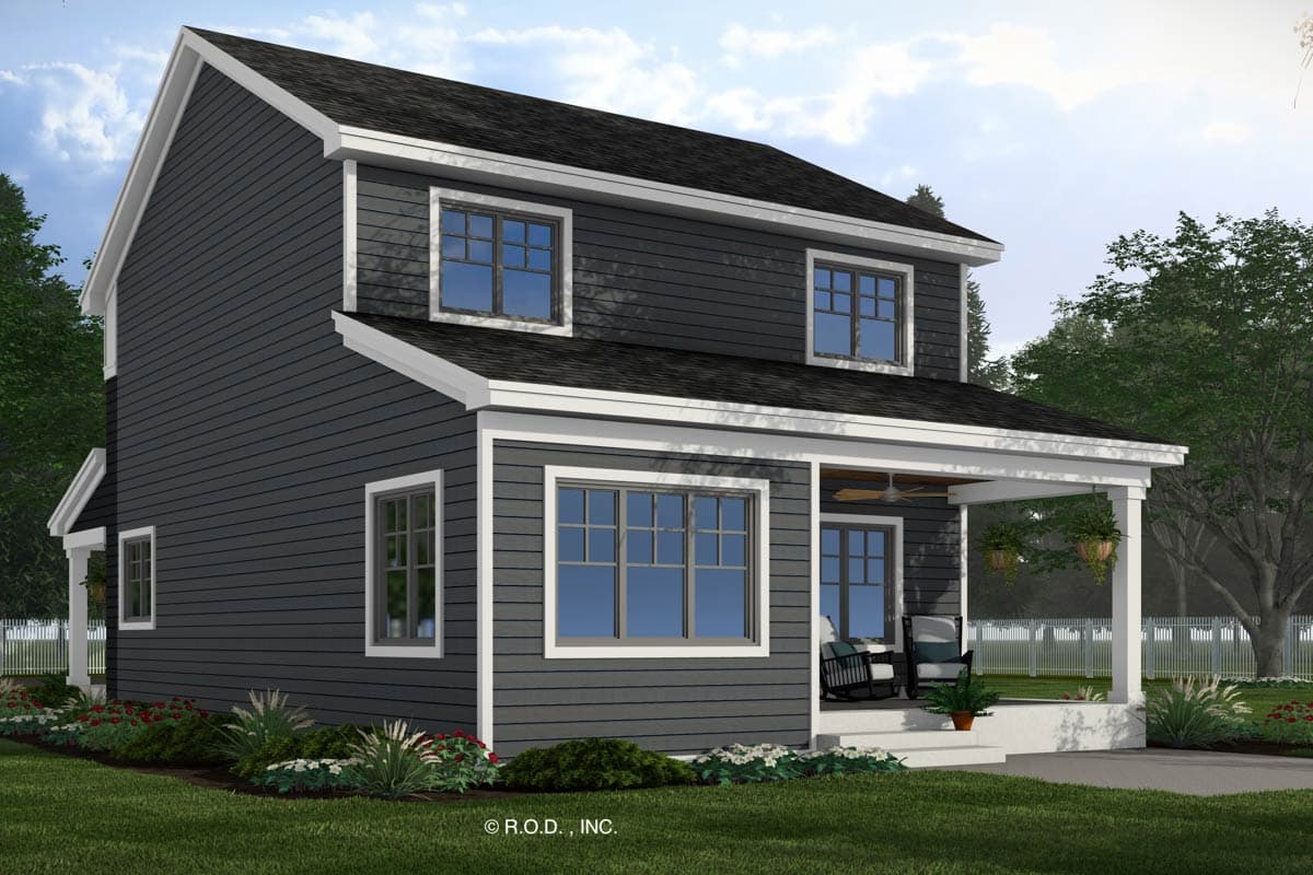 Two-story house plan exterior with dark siding, white trim, and a covered front porch with ceiling fan.