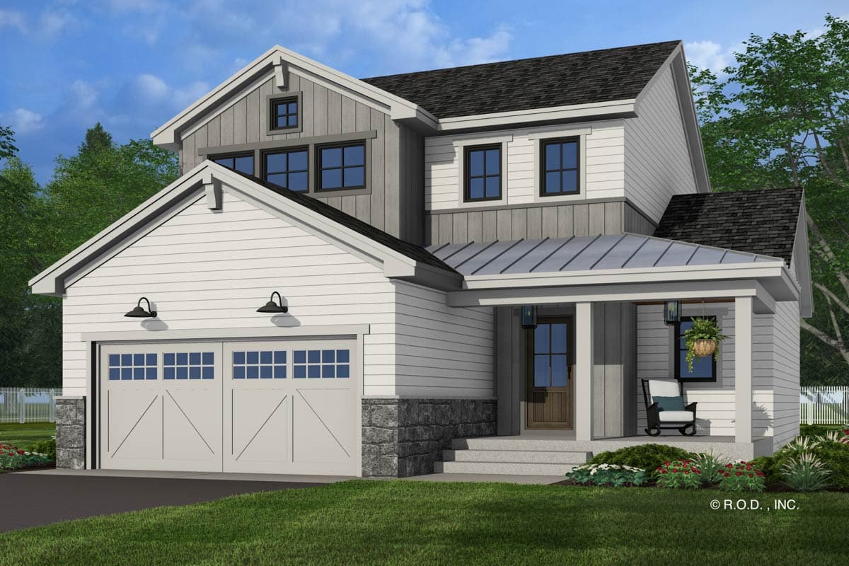 House plan exterior. Two-story Modern Farmhouse with a gabled roof, a front-entry garage, and a covered porch with a metal roof.