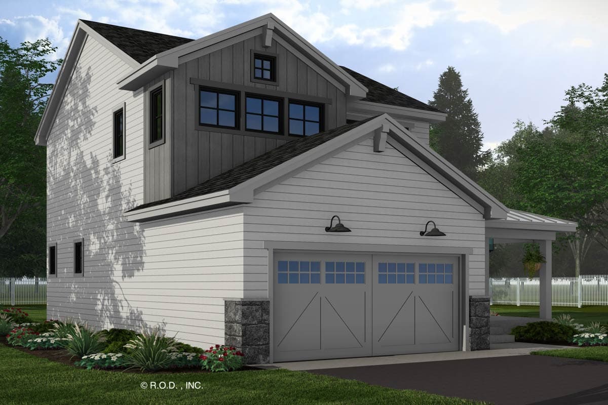 Modern Farmhouse house plan exterior, two stories, with a two-car garage, gabled dormer, and covered porch.