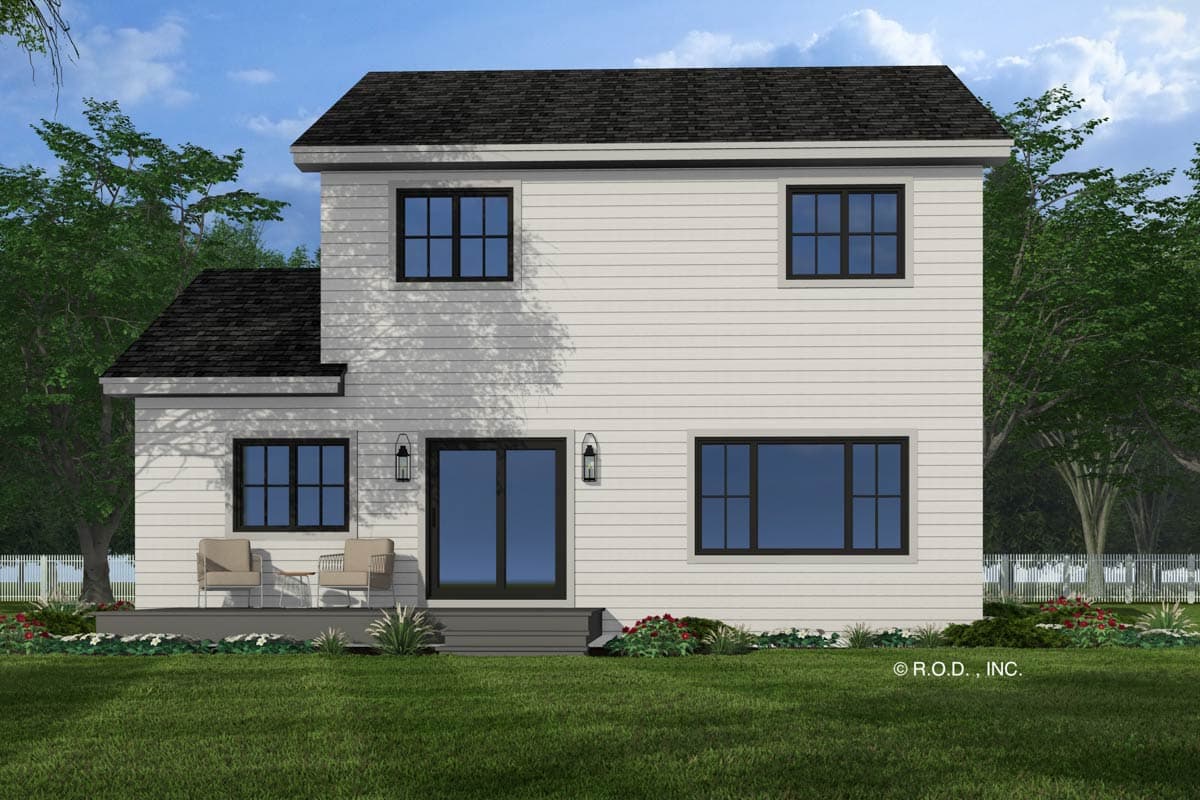 Two-story house plan exterior with siding, black-framed windows, a deck, and a gable roofline.