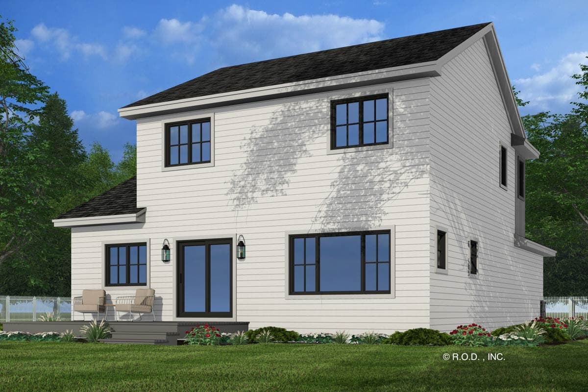 House plan exterior rendering of a two-story home with white siding, a gable roof, a deck, and black-framed windows.