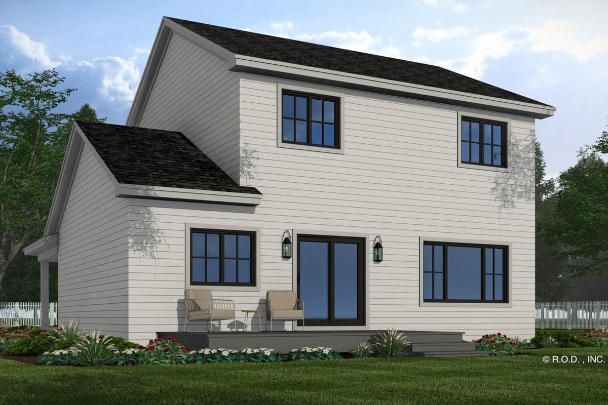 Two-story house plan exterior with white siding, black-framed windows, gabled roof, and a side porch with chairs.