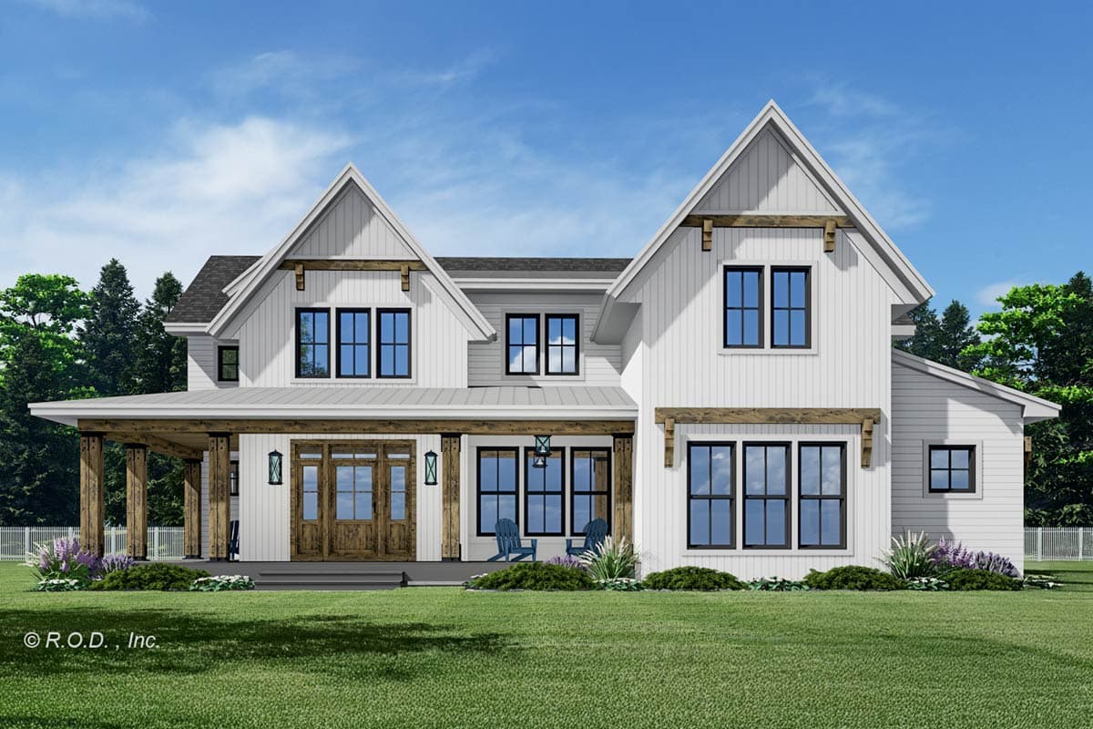 House plan exterior. Two-story Modern Farmhouse with gables, a covered porch with exposed beams, and dark-framed windows.