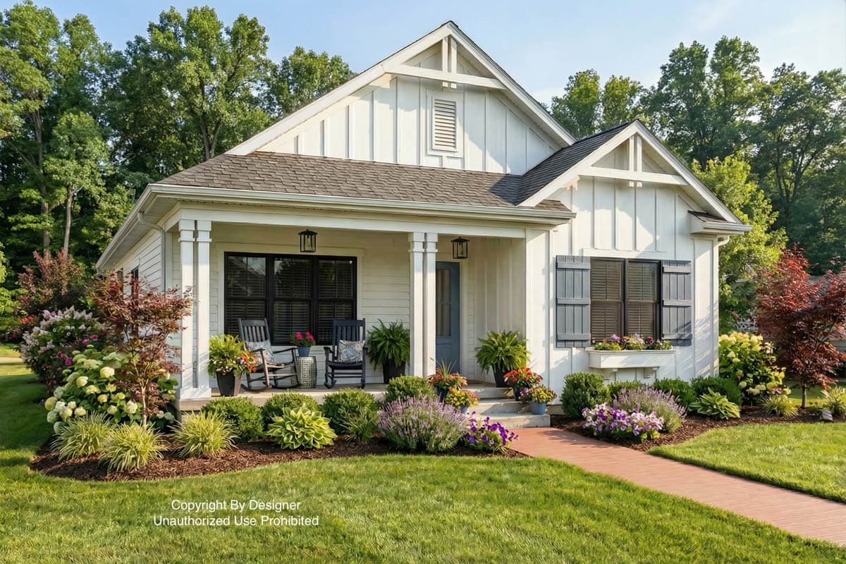 A charming white house with a porch, black shutters, and a well-manicured lawn. Two rocking chairs sit on the porch, surrounded by lush landscaping.