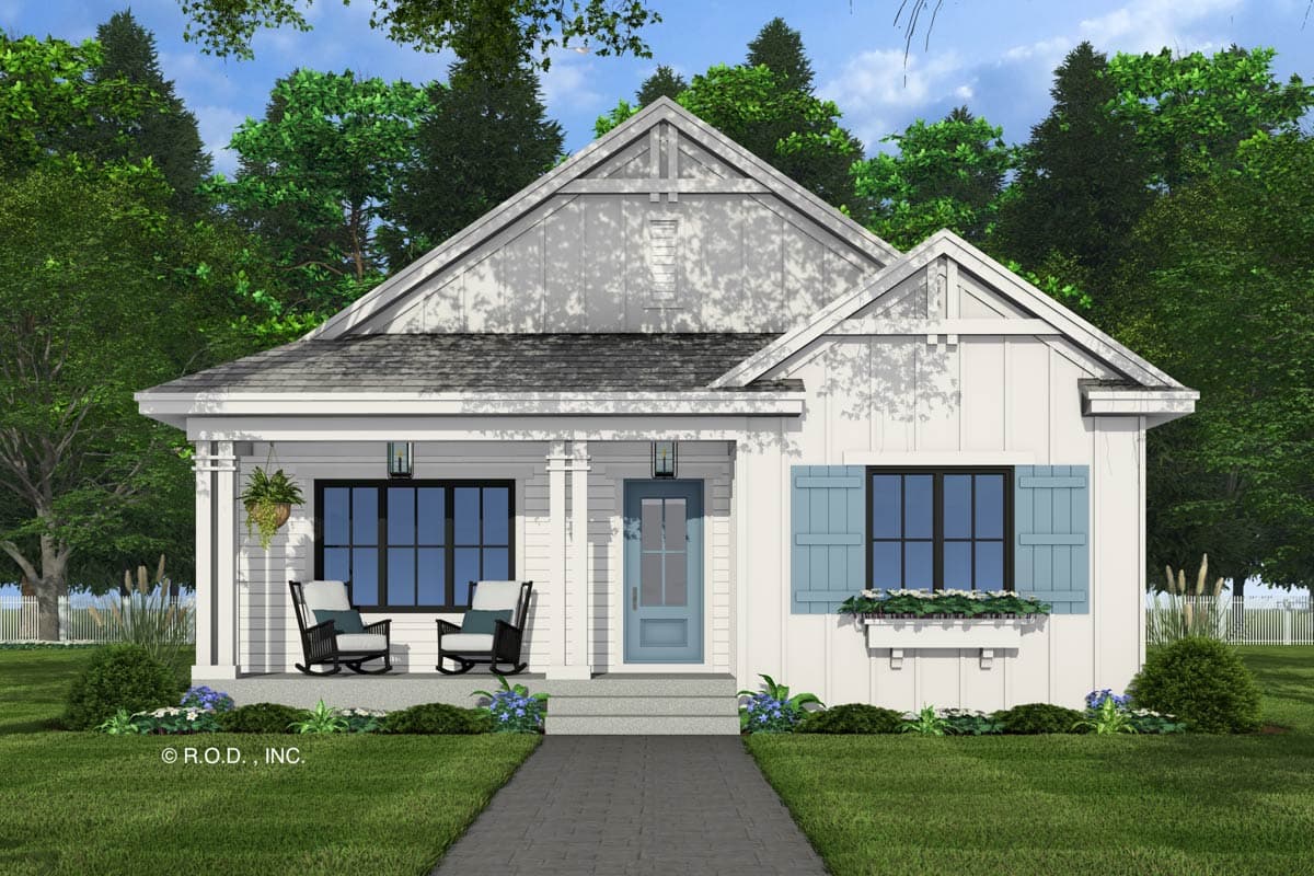 Modern Farmhouse house plan exterior with gable roof, covered front porch with columns, and board and batten siding.