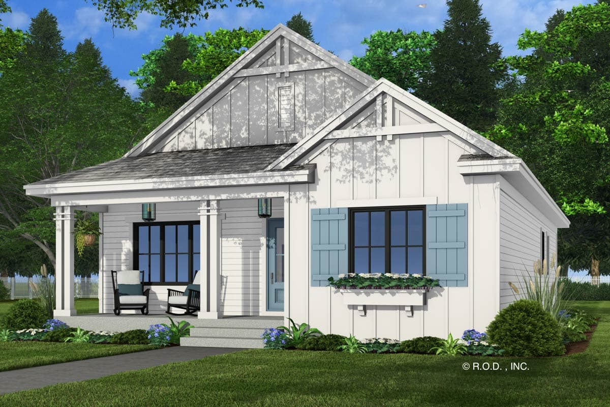 Modern Farmhouse house plan exterior with a covered porch, board and batten siding, gables, and dormer.