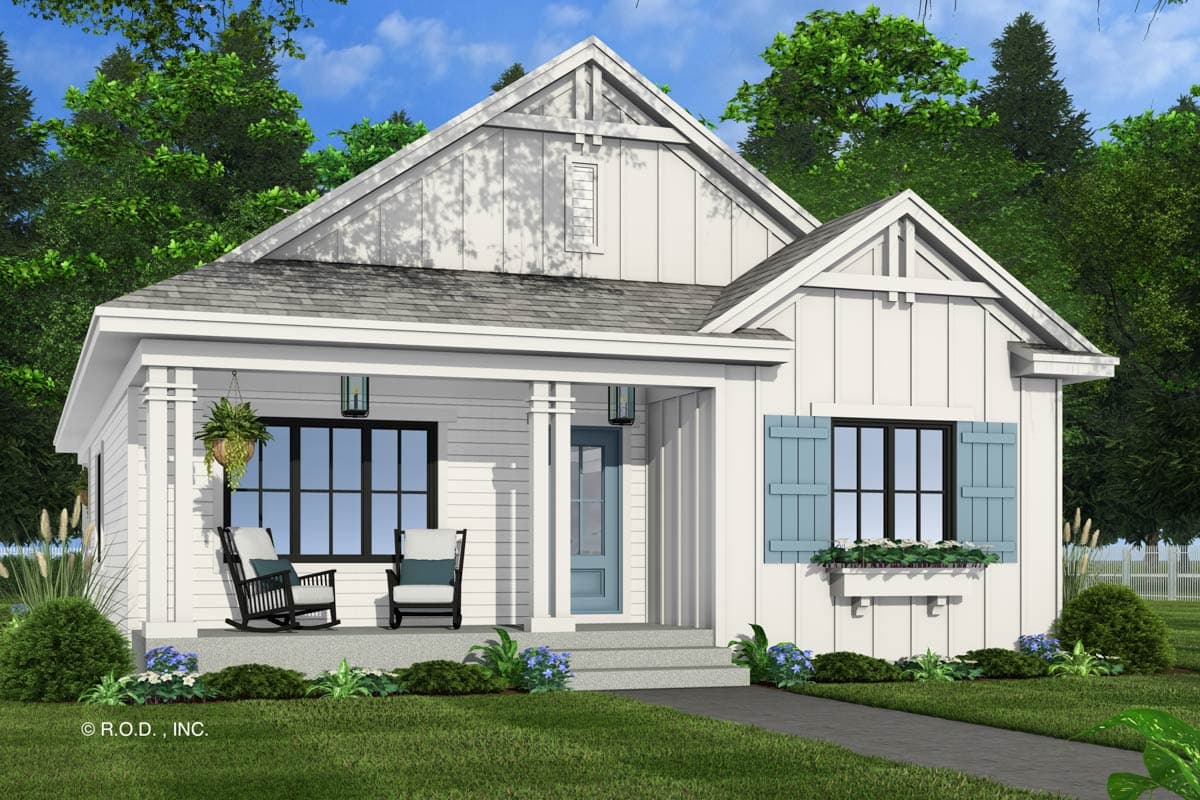 House plan exterior: Modern Farmhouse style, one-story with covered front porch, gables, board and batten siding, and prominent dormer.
