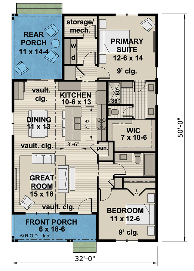 Plan 14932RK: Single-Story Farmhouse Plan with Vaulted Living Room - 1331 Sq Ft - Floor Plan - Main Level - Country, Farmhouse