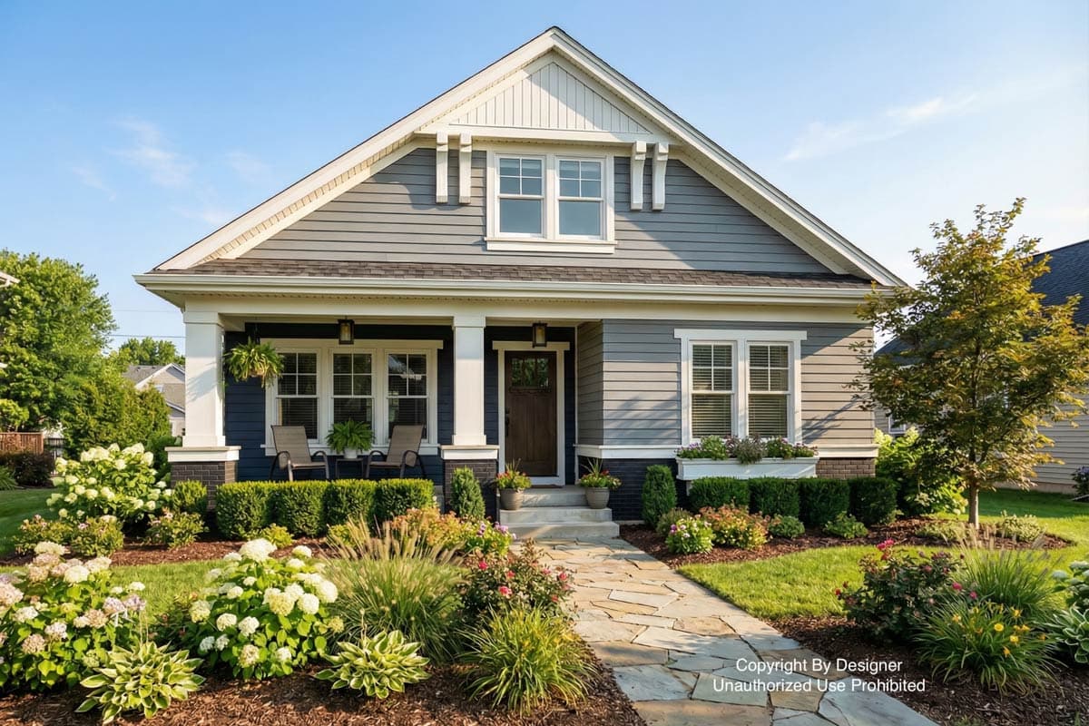 A charming two-story house with blue-gray siding and white trim features a stone walkway, manicured lawn, and lush landscaping.