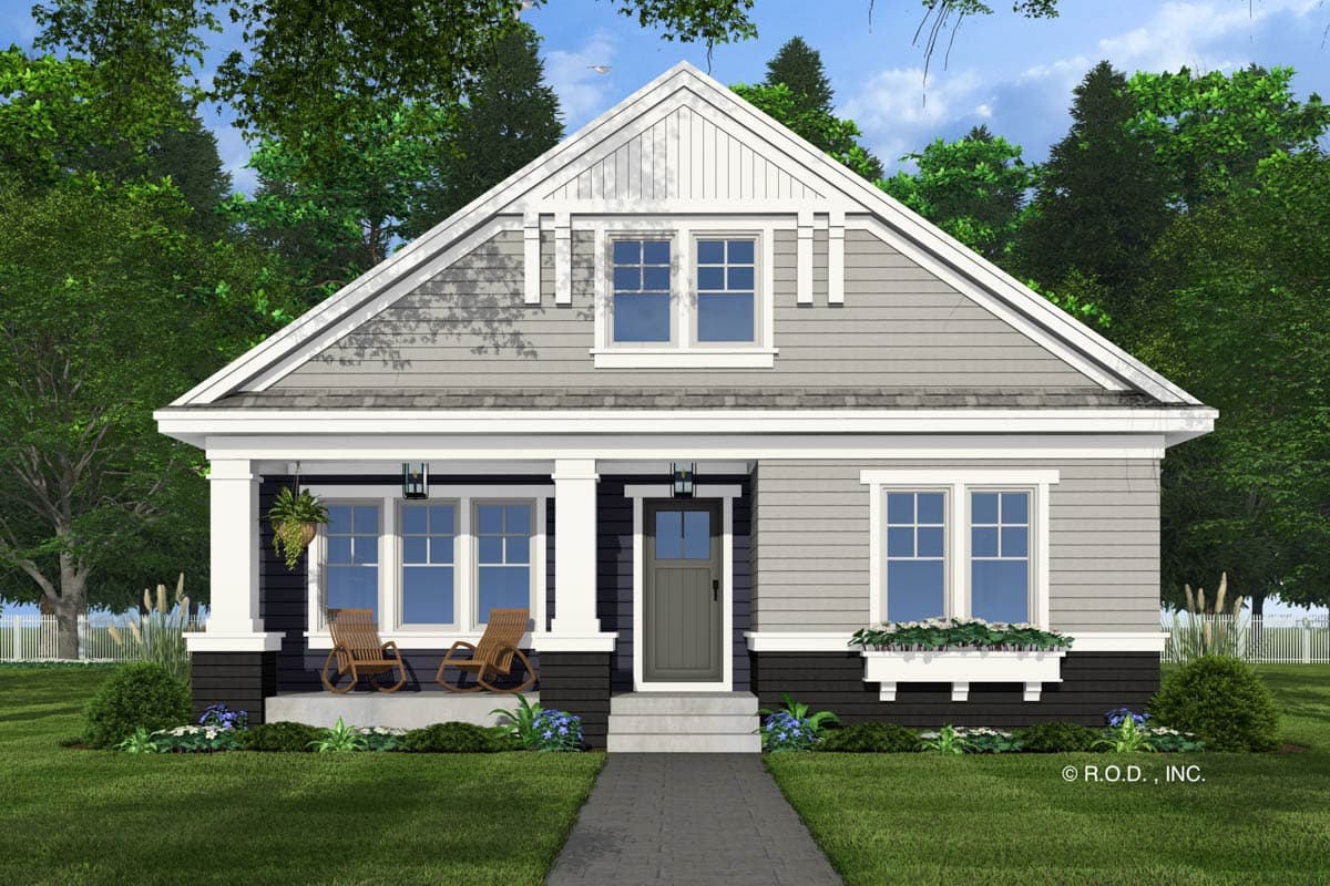 Craftsman style house plan exterior with a front porch, gables, dormers, and window boxes.