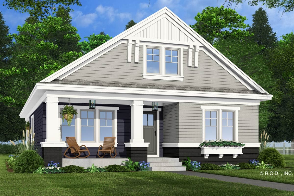 Craftsman style house plan exterior with a covered front porch, dual dormer windows, and decorative gable trim.