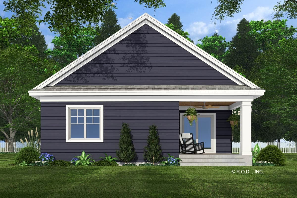 House plan exterior: one-story, dark siding, gabled roof with white trim, front porch with white columns, and a grid-pane window.