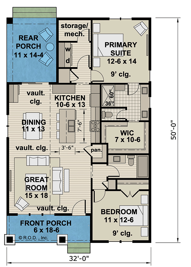 Plan 14933RK: 2- Bed Single-Story Traditional Country House Plan with Vaulted Living Room - 1331 Sq Ft - Floor Plan - Main Level - Bungalow, Country, Traditional