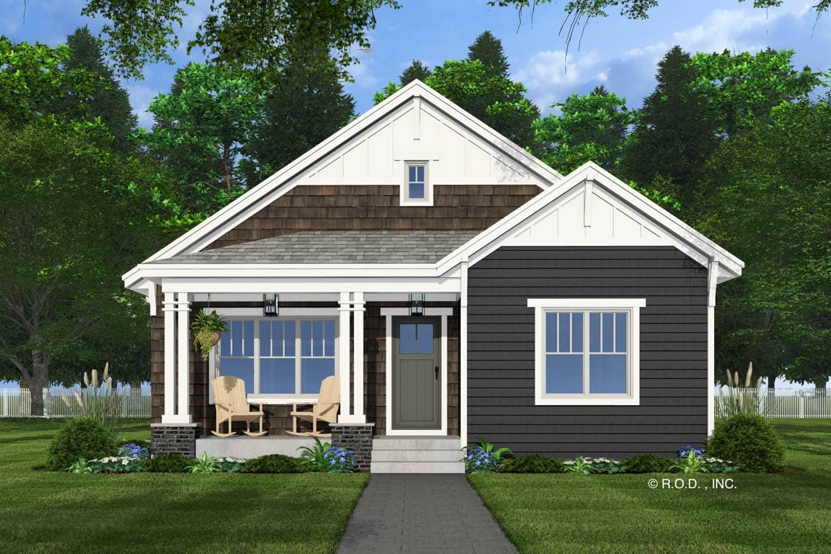 Craftsman house plan exterior, one story, with gable roof, shingled upper section, covered porch, and dark horizontal siding.