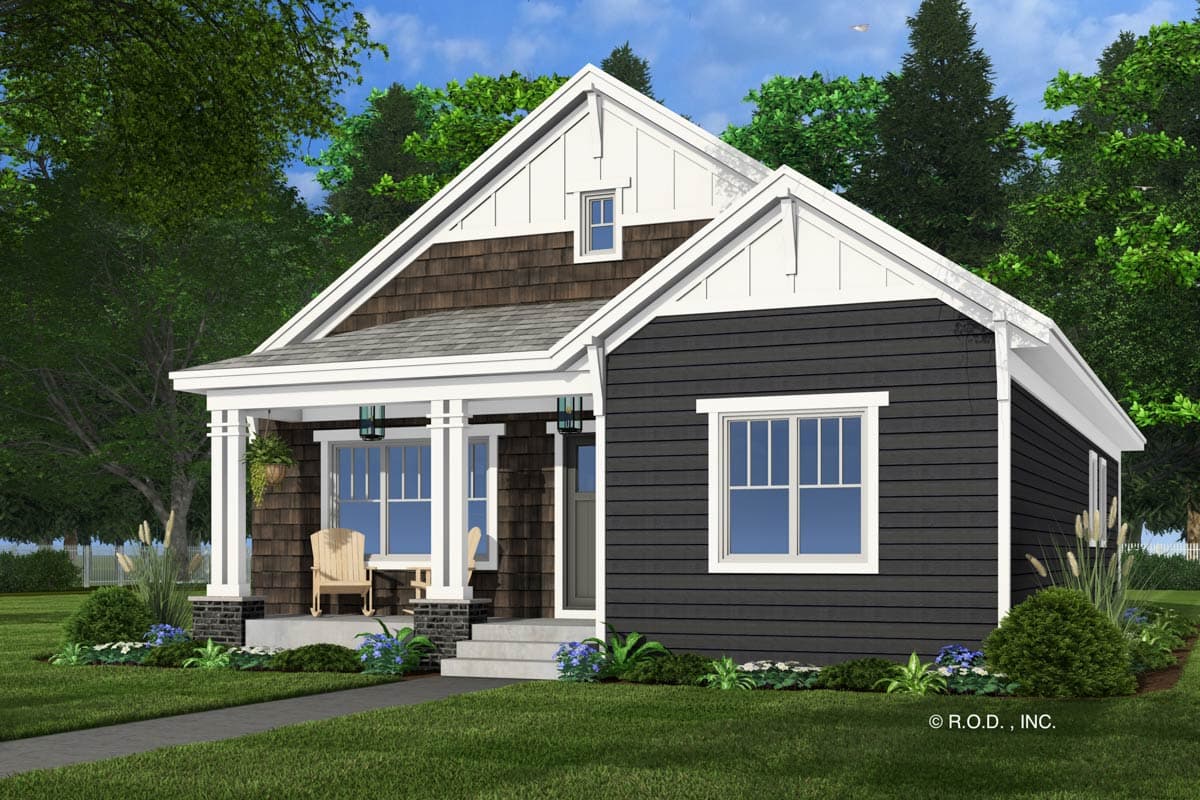 House plan exterior: One-story home with a covered front porch, shingle and horizontal siding, and gabled rooflines with a dormer.