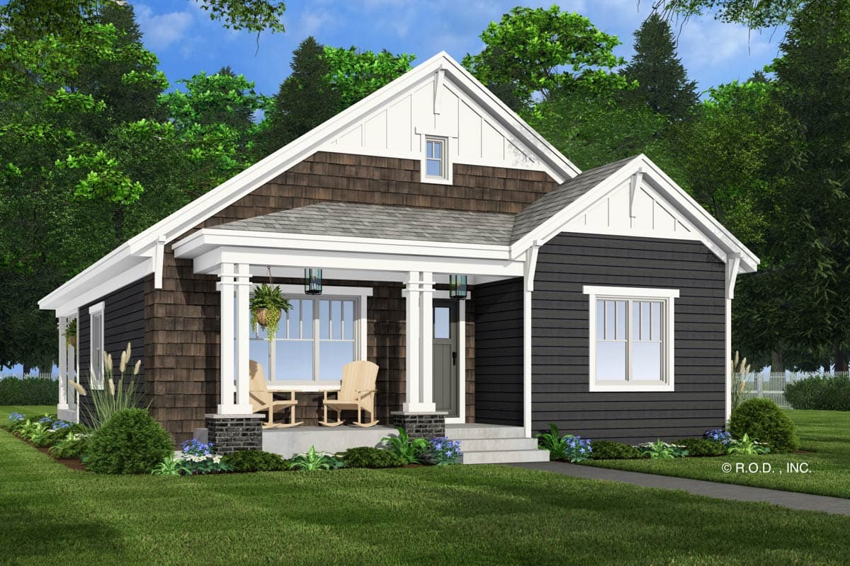 Craftsman style house plan exterior, one story, with wood shingle siding, front porch, and gable dormer.