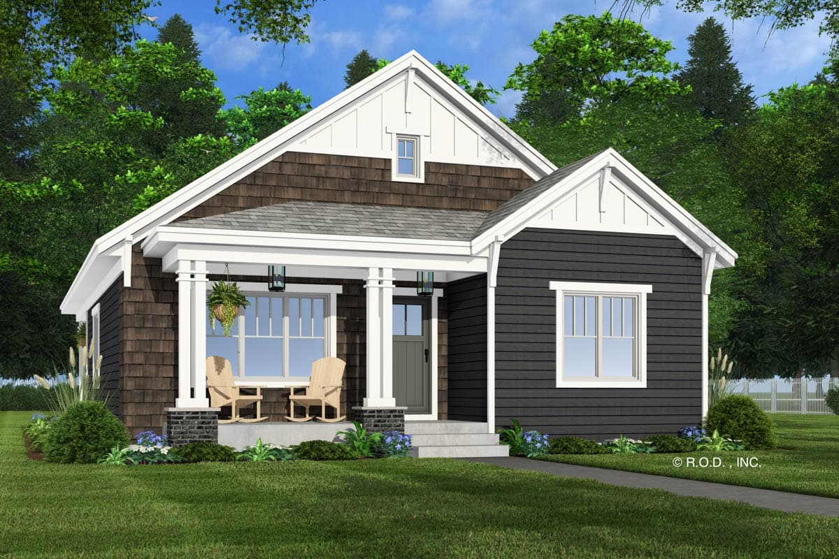 House plan exterior with shake siding, prominent gables, a covered porch with columns, and a dormer.