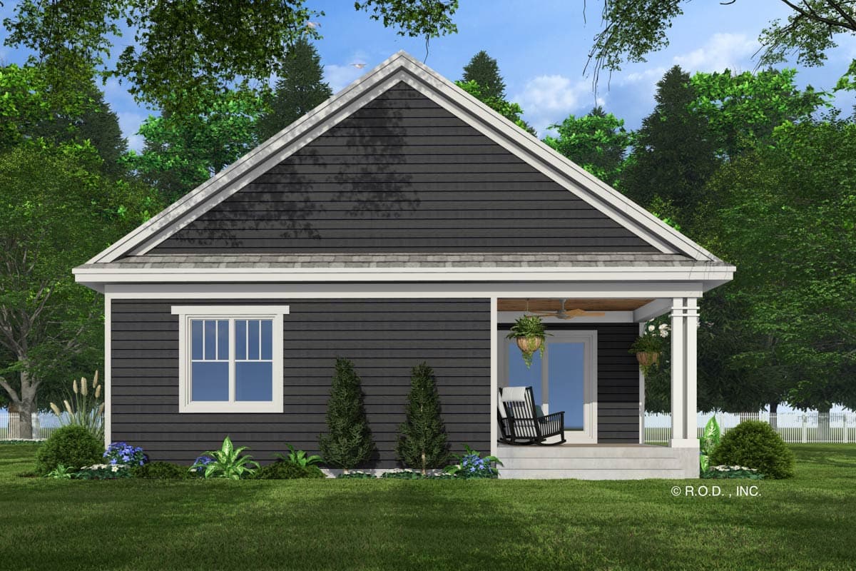 House plan exterior for a one-story home with a gabled roof, clapboard siding, and a front porch with pillars.