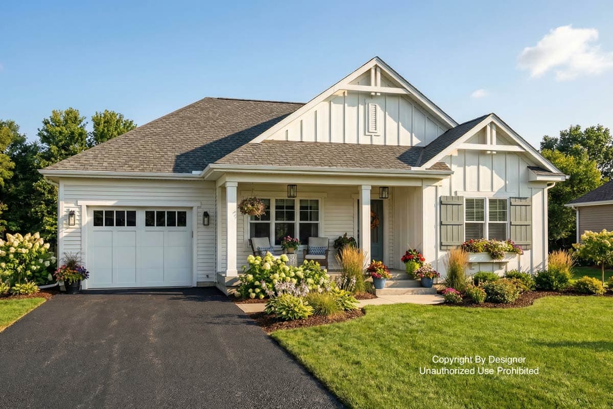 A charming white house with a gabled roof and a welcoming front porch. Lush landscaping surrounds the home, and a black driveway leads to the garage.