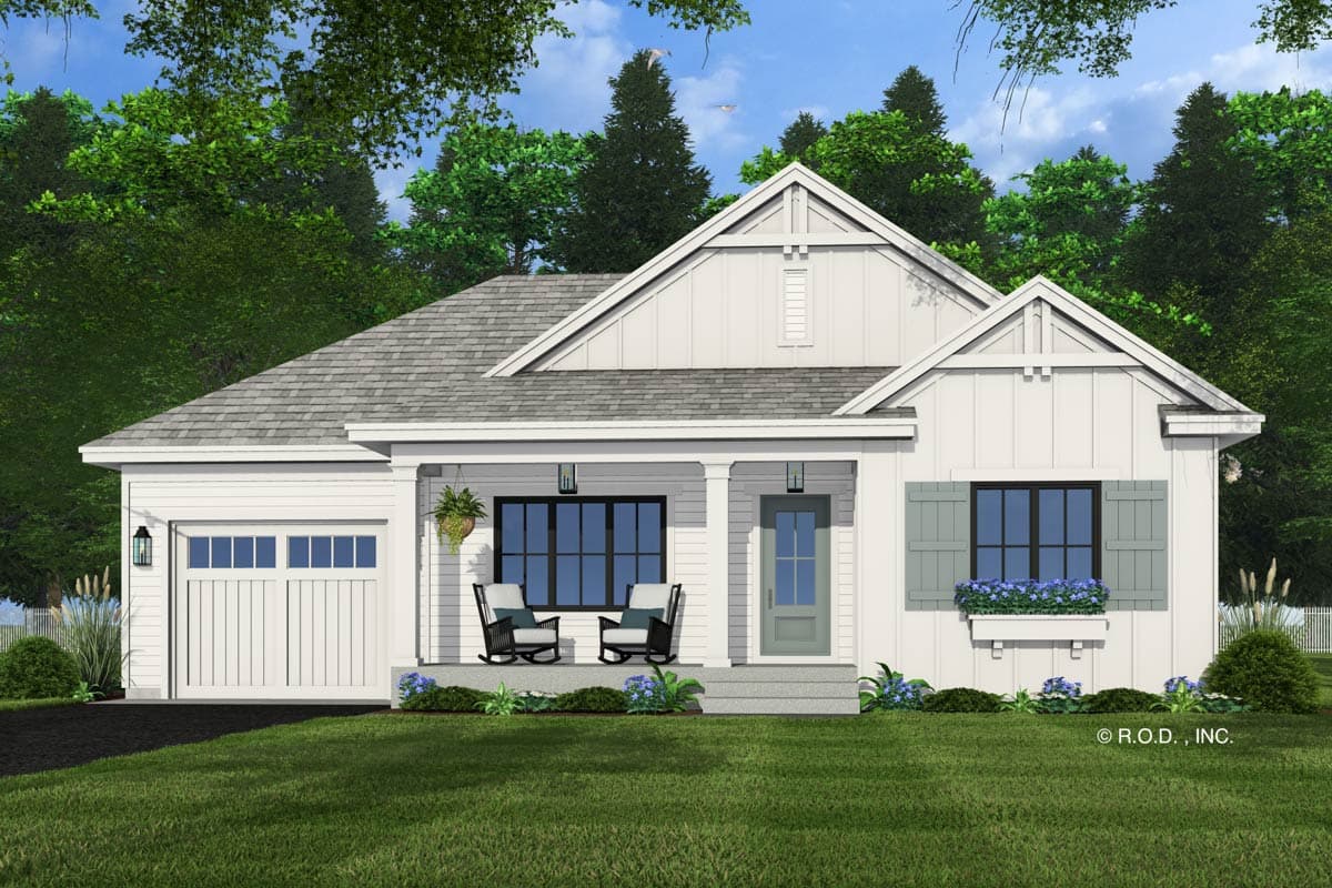 House plan exterior: Modern Farmhouse style, one story, with covered porch, board-and-batten siding, and attached garage.