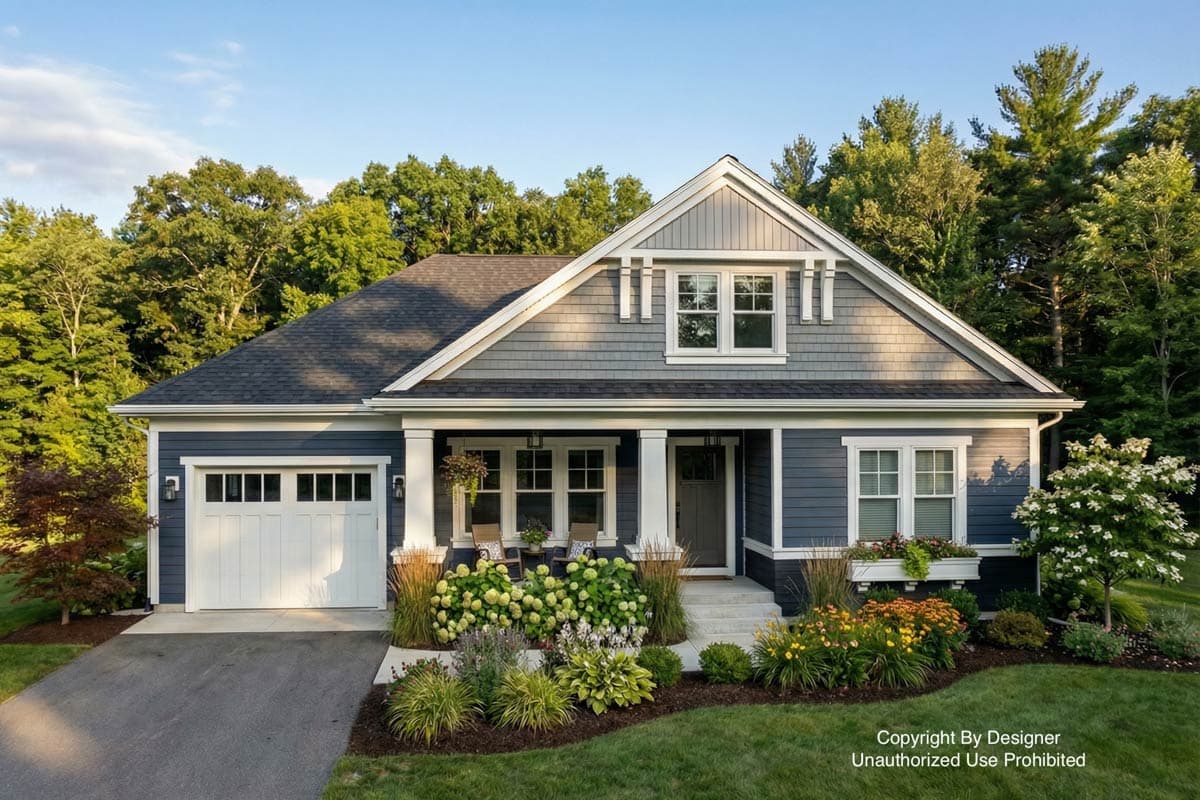 A blue-grey suburban home with a white garage door, porch, and white trim. Landscaping with flower beds and a green lawn complete the scene.