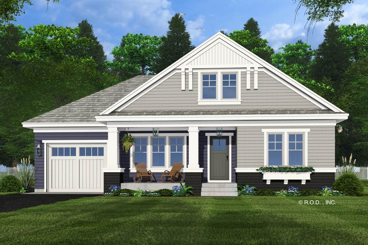 House plan exterior: Single-story Modern Farmhouse with gabled dormer, covered front porch with columns, and attached garage.