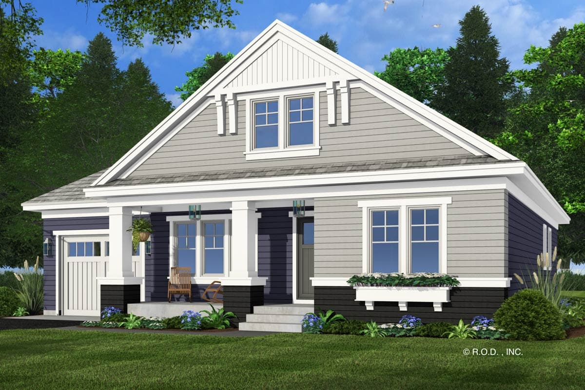 House plan exterior of a one-story home with a gabled dormer, front porch with columns, and a side-facing garage.