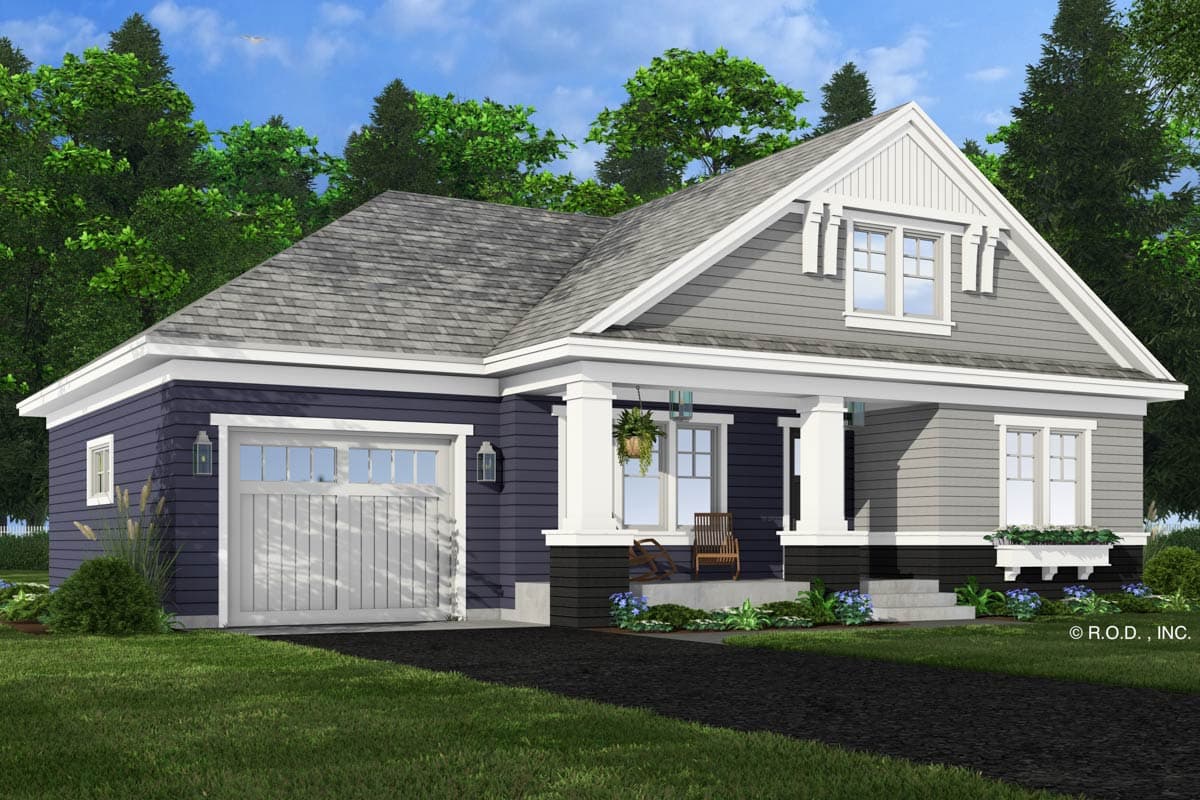 House plan exterior: Two-story Modern Farmhouse with covered front porch, dormer, and attached garage.