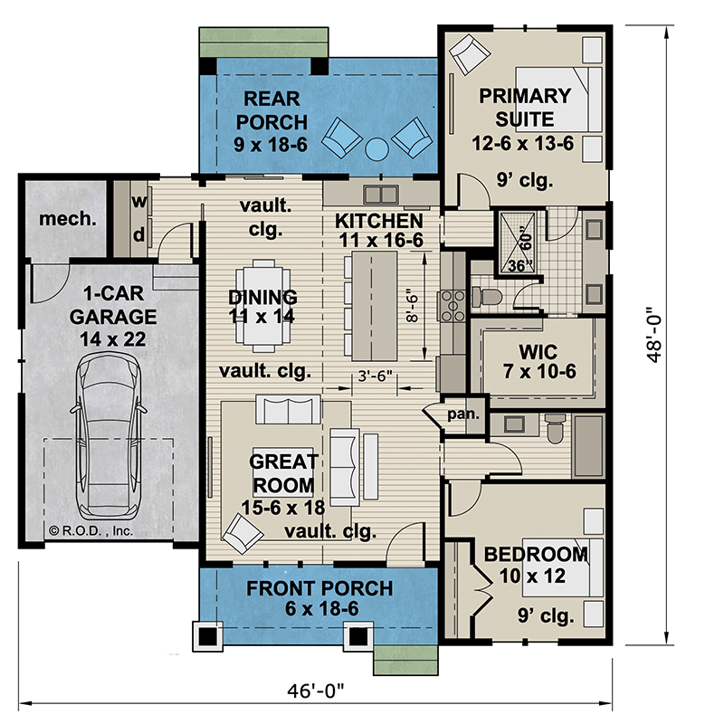 Plan 14936RK: 2-Bed Traditional House Plan with Vaulted Living Space - 1263 Sq Ft - Floor Plan - Main Level - Country, Traditional
