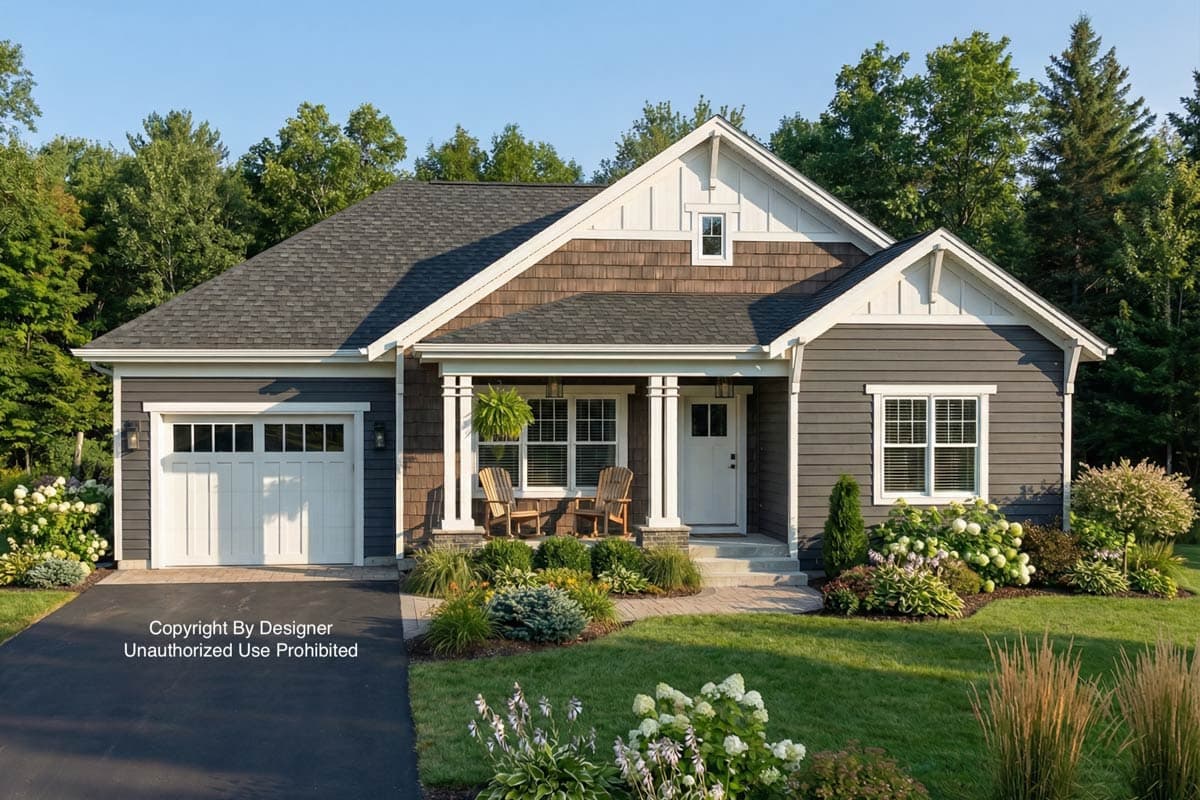 A craftsman-style house with gray siding, a brown shake roof, and white trim. A walkway leads to the front door, surrounded by lush landscaping.