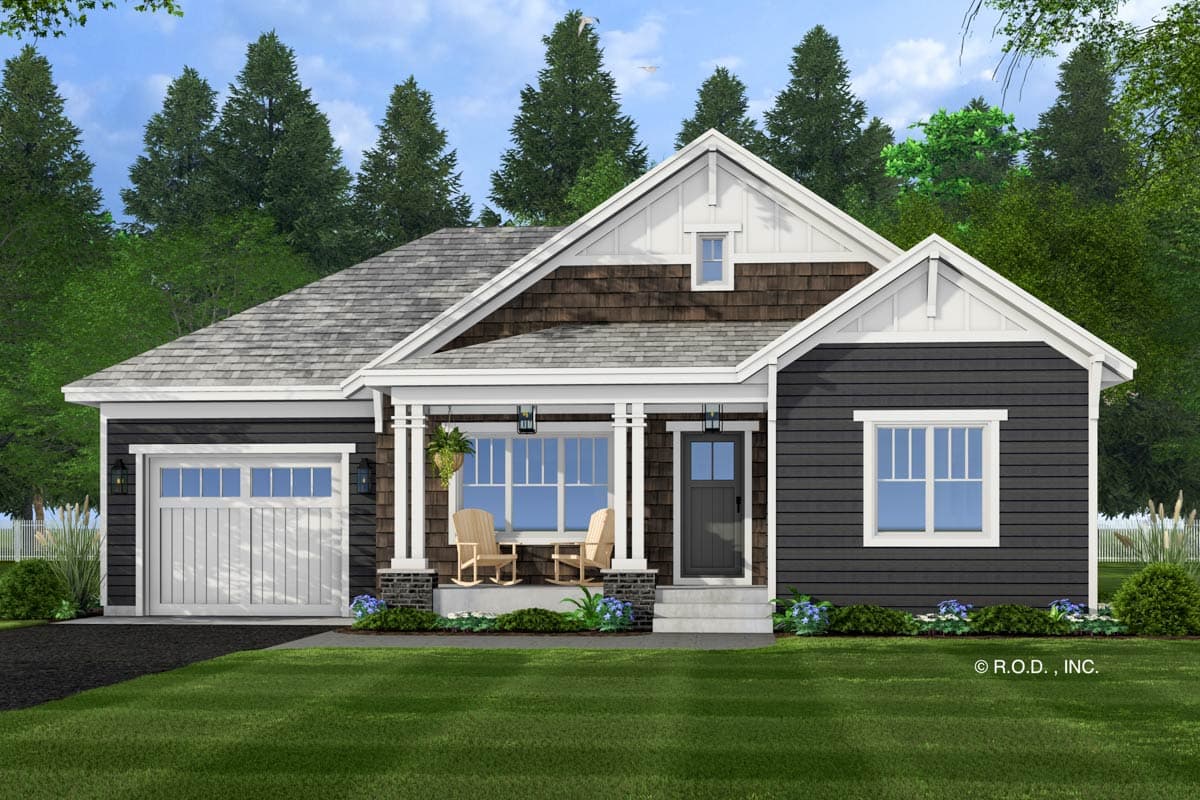 Craftsman style house plan exterior with a covered front porch, white trim, stone accents, and a single-car garage.