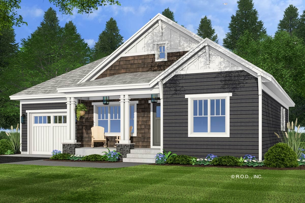House plan exterior: One-story modern farmhouse with covered porch, shake siding accents, and a single-car garage.