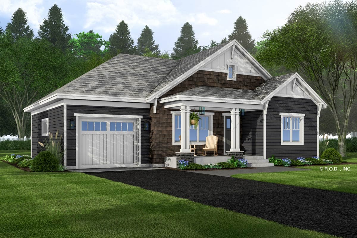 House plan exterior: Craftsman style, one story, with a covered front porch, gabled dormer, and single-car garage.