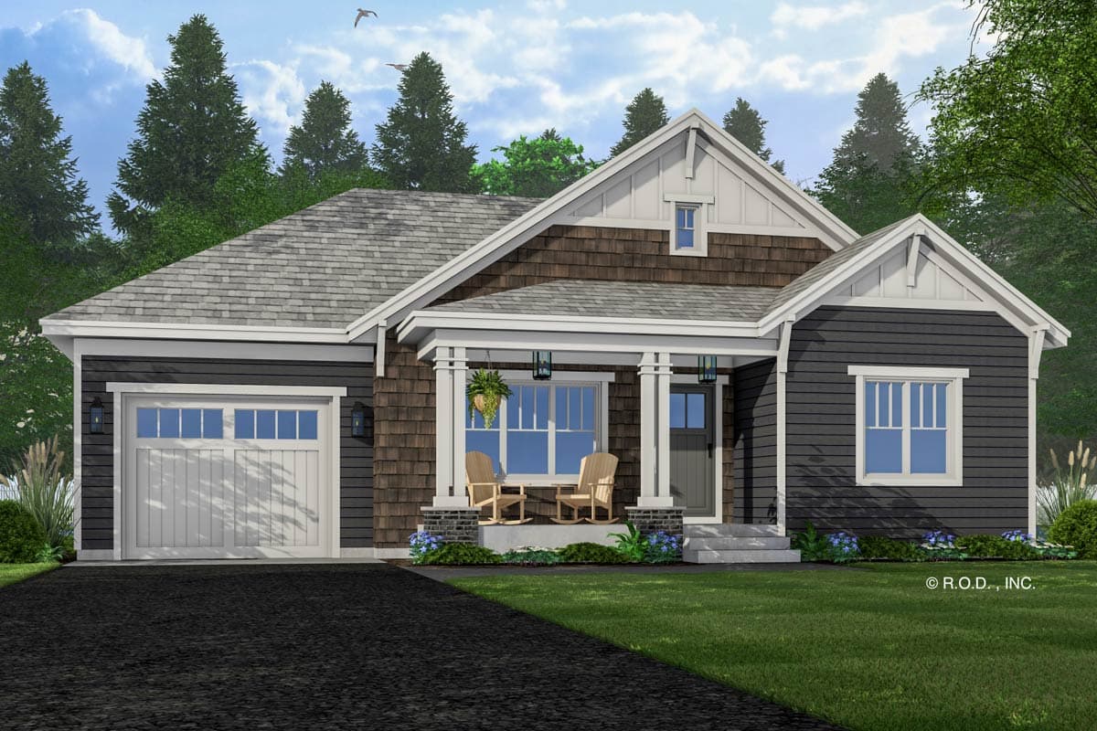 House plan exterior: Modern Farmhouse style, single story, featuring a covered porch with columns, gabled dormers, and a side-entry garage.