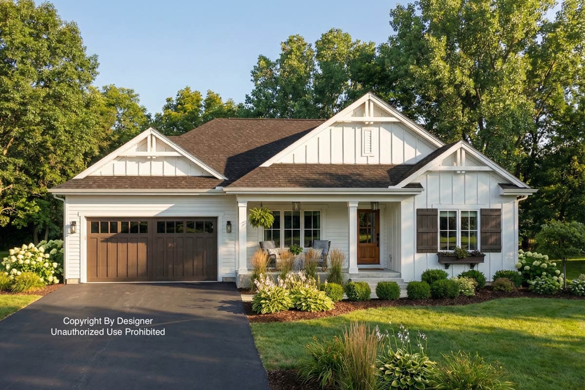 A white farmhouse with a brown roof and garage door sits on a green lawn. The home has a porch with seating and decorative plants in front.