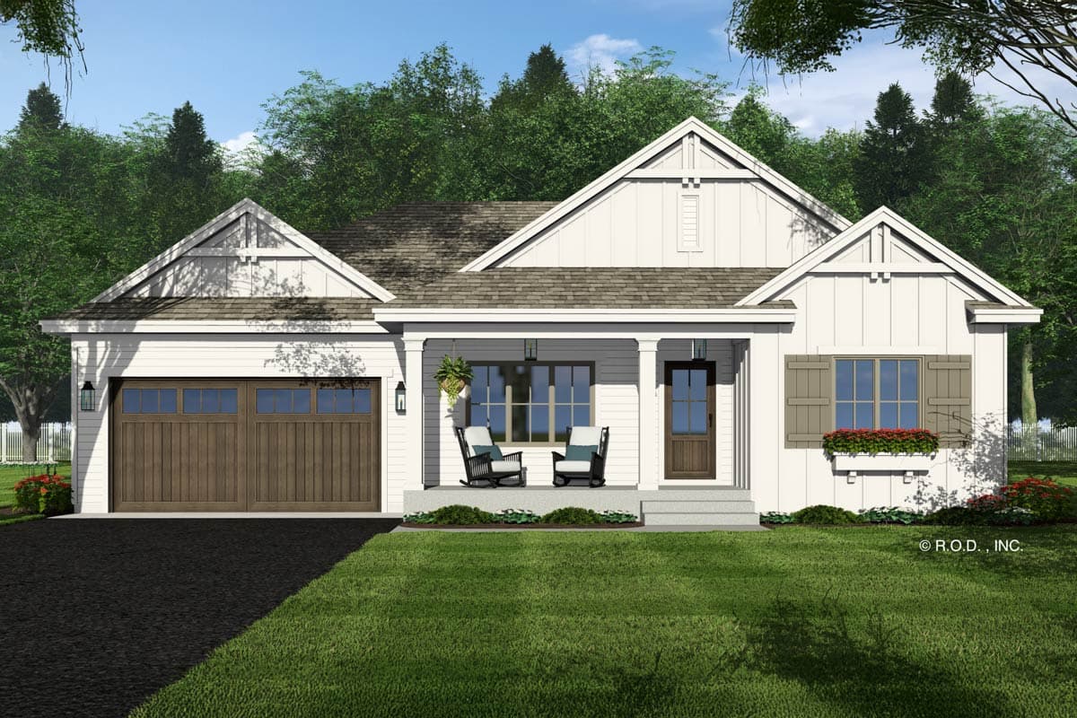 House plan exterior: Modern Farmhouse style, one story, featuring a gabled front, covered porch with columns, and a two-car garage.