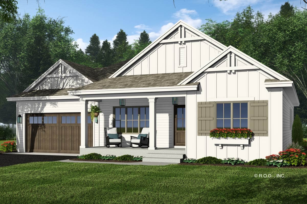 House plan exterior: Modern Farmhouse style, one story, with a covered front porch, gabled rooflines, and attached garage.