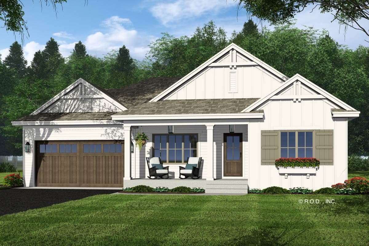 House plan exterior: Modern Farmhouse style, one story, with gables, covered porch, and side-entry garage.