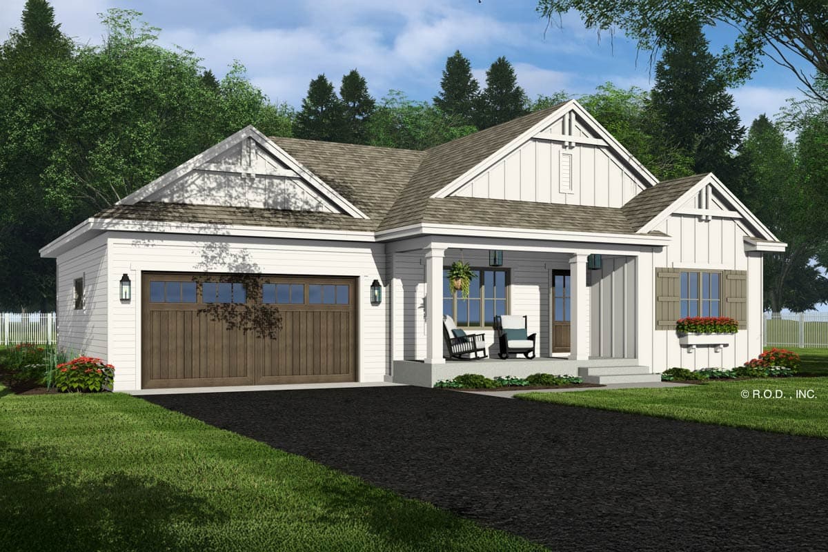 Craftsman house plan exterior with one-story elevation, covered front porch, gabled dormers, and attached garage.
