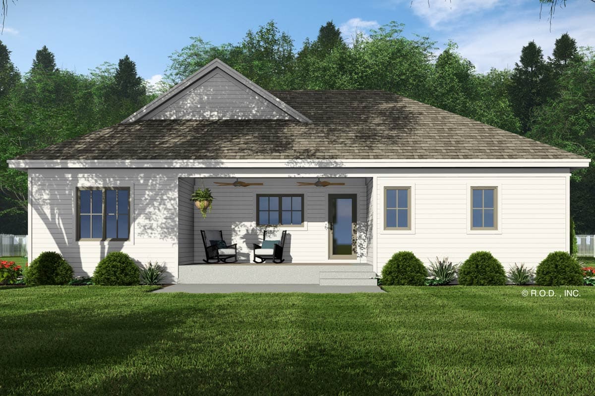 House plan exterior of a one-story home with a covered porch, gabled dormer, and lap siding.