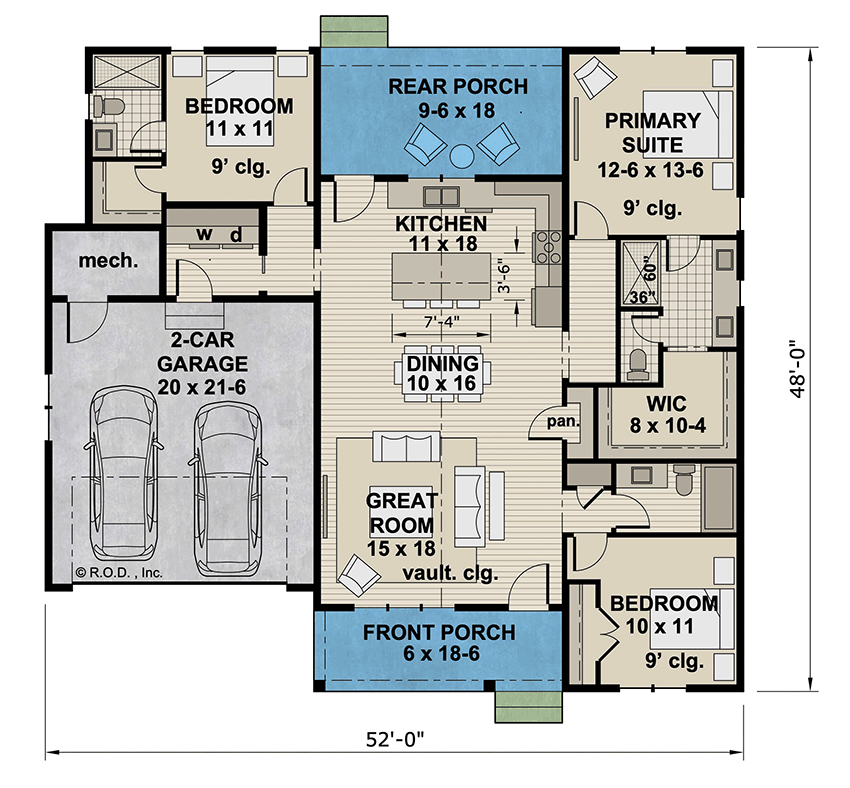 Plan 14938RK: Single-Story 3-Bed Farmhouse Plan with Vaulted Living Space - 1548 Sq Ft - Floor Plan - Main Level - Country, Farmhouse