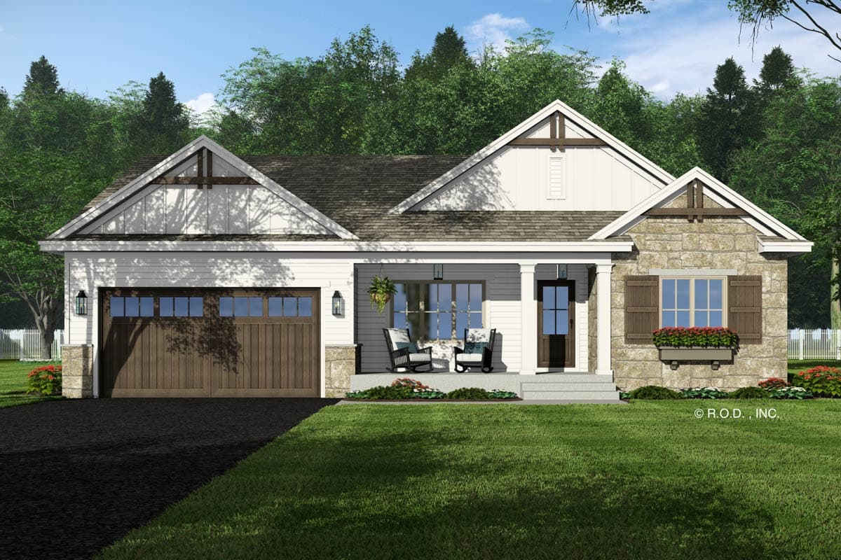 House plan exterior: Ranch style, one story, with stone facade, gable dormers, covered porch with seating, and attached garage.