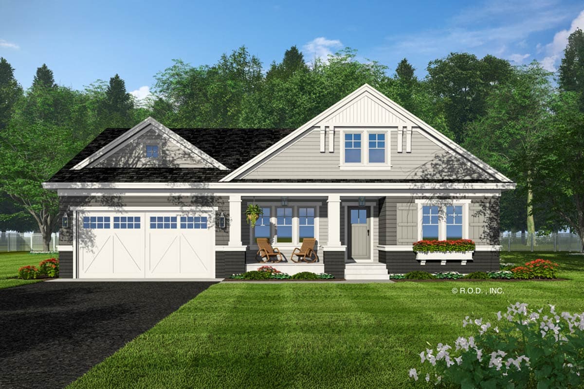 House plan exterior: Modern Farmhouse style, one story, with attached garage, front porch with columns, and prominent gables.