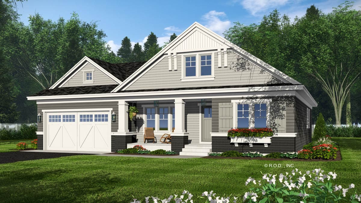 House plan exterior: Craftsman style, one story, with a prominent gable, covered porch with columns, and a side-entry garage.