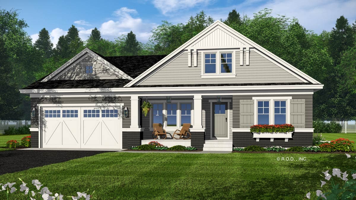 House plan exterior: One-story Modern Farmhouse with covered front porch, gabled dormer, and attached two-car garage.