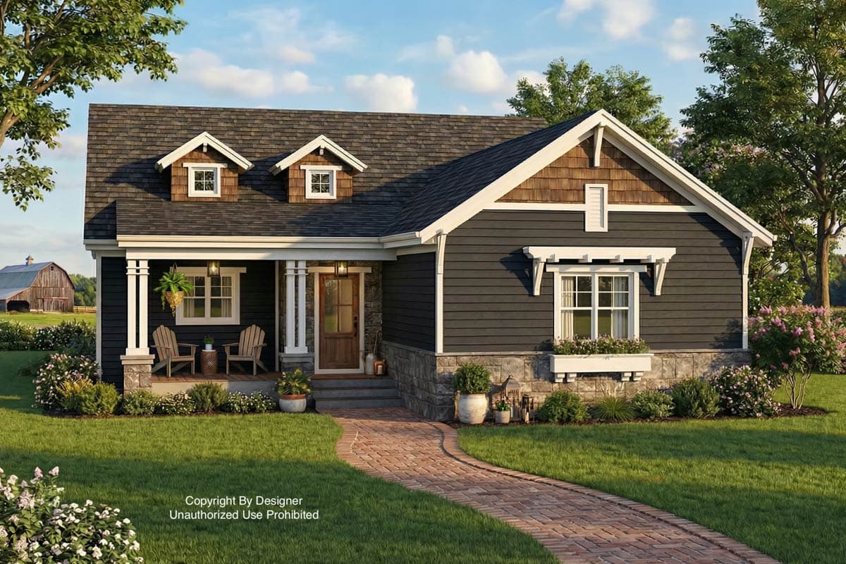 A craftsman-style house with dark gray siding, a brick pathway, and a grassy yard. Two dormers and a welcoming front porch are visible.