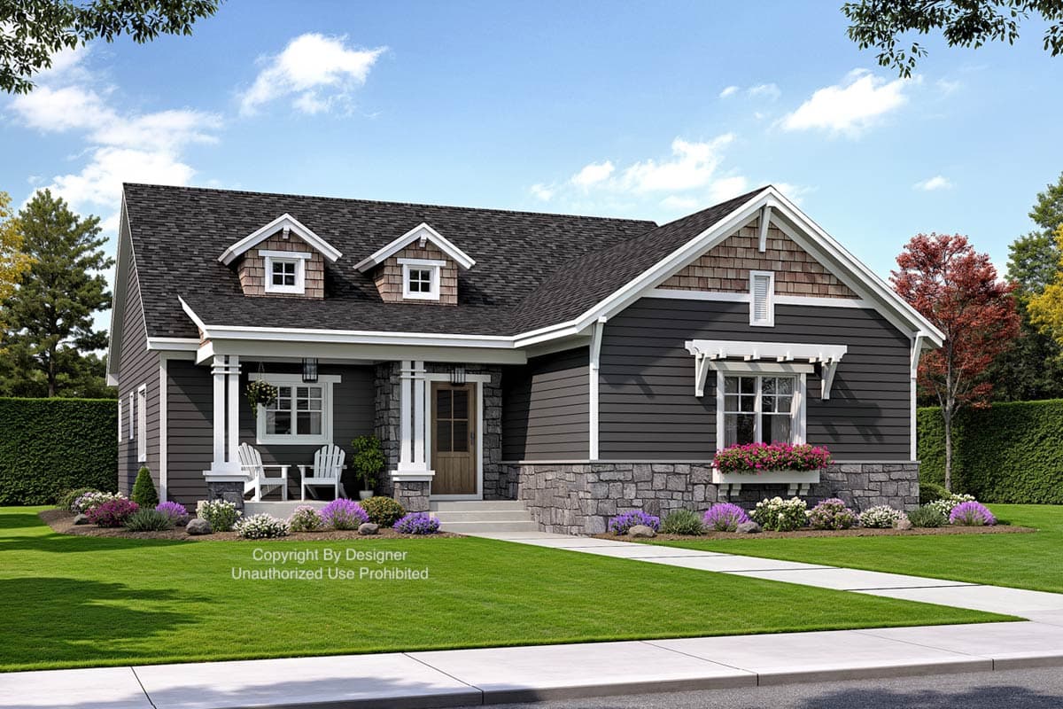 House plan exterior: Ranch style with covered porch, stone accents, double dormers, and gabled roof.