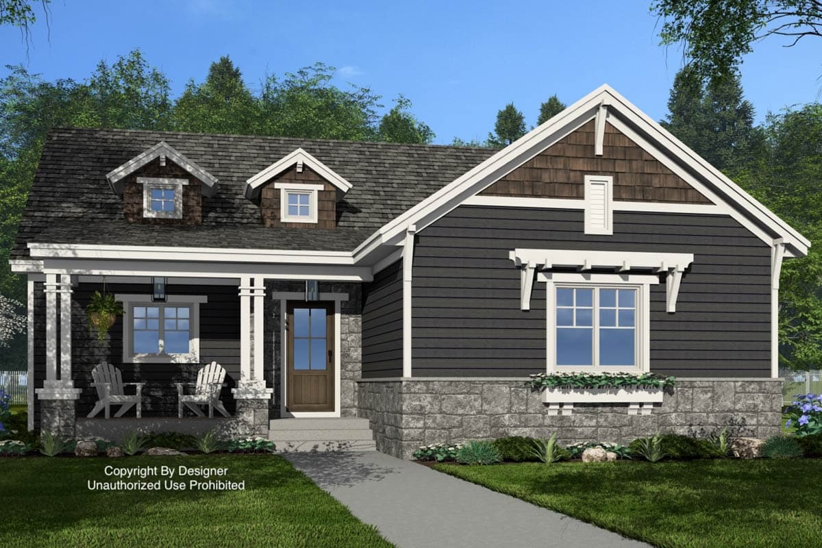 House plan exterior: Craftsman style, one story, covered front porch with columns, dormers, and stone foundation.