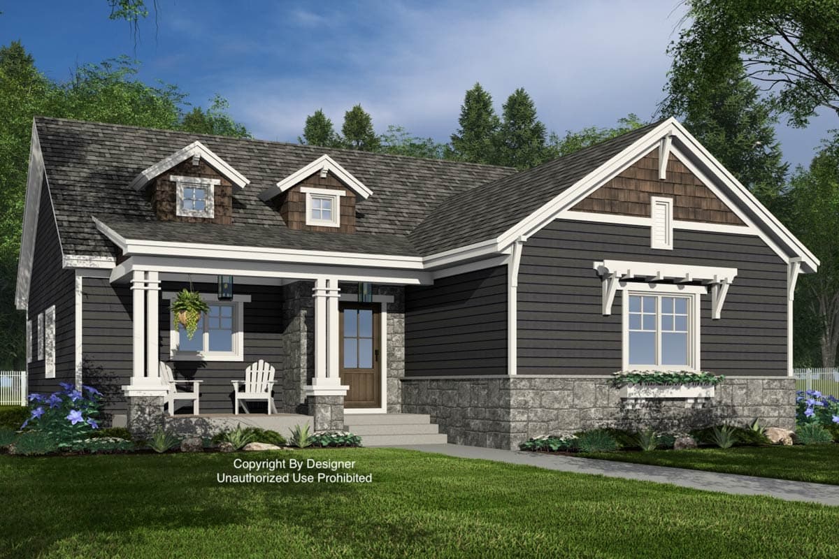 House plan exterior: Ranch style with covered front porch, stone foundation, dormers, and shingle-sided gables.