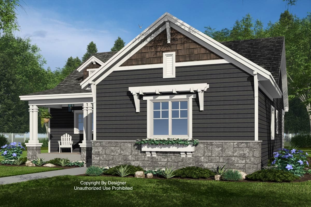House plan exterior: Craftsman style, one story, dark siding, stone foundation, covered front porch with square columns, decorative gable.